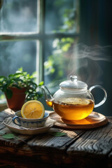 Glass teapot with brewed tea and lemon on wooden table by the window