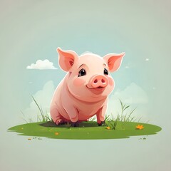 Cute cartoon piglet in the meadow
