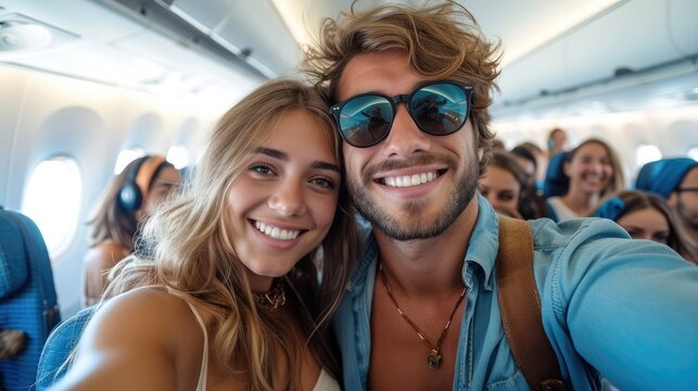 Cheerful couple taking selfie inside airplane, Passengers boarding on plane, Happy tourist on summer vacation . Generative AI.