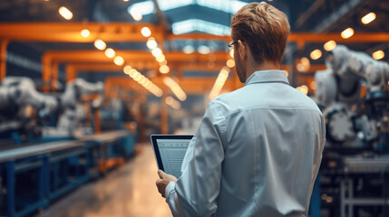 Technical engineer using on tablet working and control robotics with monitoring system software and industry network connection. Generative AI.
