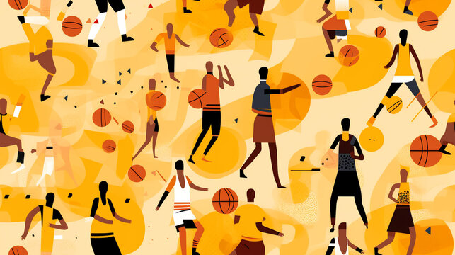 Seamless repetitive symetric pattern illustration of basketball figures. Pattern.
