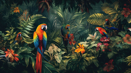 Tropical leaves background, toucan parrot, tropical birds, retro fresco, old paper, shabby wall - generative AI
