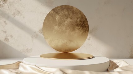 Podium pedestal, round golden circle frame and silky cloth in motion on beige background for product presentation or showcase empty mockup