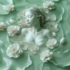 white girl in water with flowers 3D illustration.