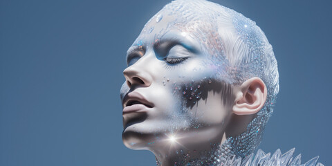Futuristic masculinity elevated by holographic and iridescent cosmetics in silver shades. Bright and shimmering skin, eyes, and lips. A mesmerizing representation of celestial glamour.