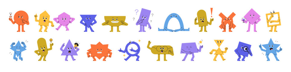 Cute geometric shapes characters set. Different abstract figures avatars. Squares, circles with various emotions, face expressions. Education. Flat isolated vector illustration no white background