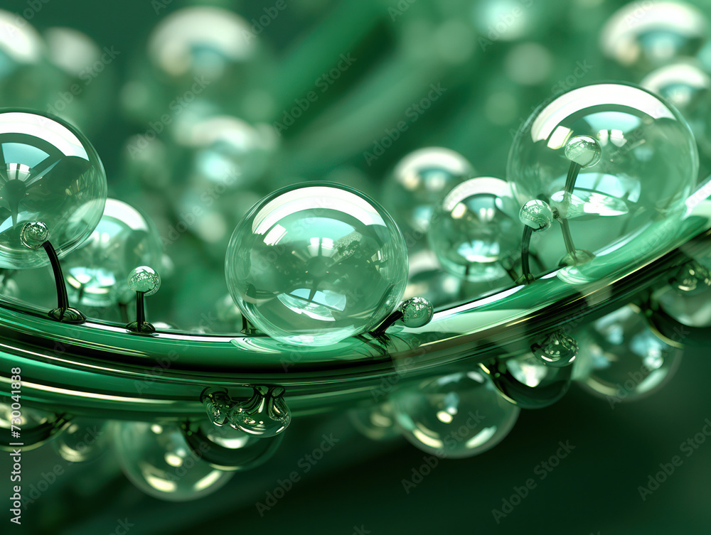 Poster shiny blue water drops: abstract macro sphere with transparent bubbles and bright reflection on a cl