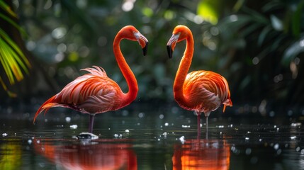 Caribbean flamingo standing in water with reflection. Cuba.