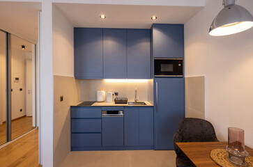 Interior of a small blue kitchen