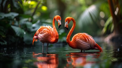 Fototapeta premium Caribbean flamingo standing in water with reflection. Cuba.