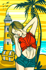 sexy charming girl illustration with awesome beach background