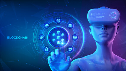 Blockchain technology concept. Decentralized network. Fintech cryptocurrency. Girl wearing VR headset glasses touching digital interface with block chain Information blocks icon. Vector illustration.