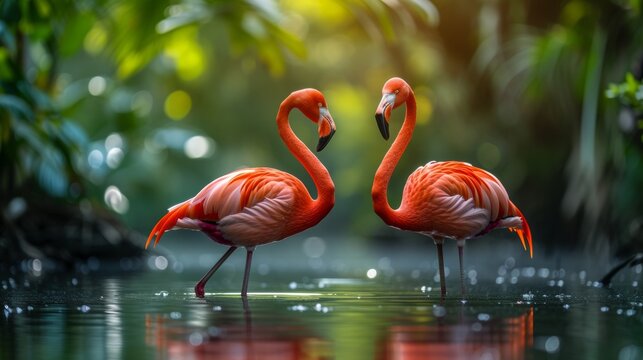Caribbean flamingo standing in water with reflection. Cuba.