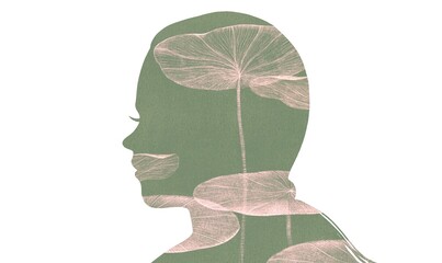A woman and lotus leaf. peaceful and dream. concept art. conceptual artwork. people and nature.