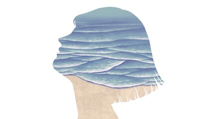 A woman and the sea. peaceful and dream concept art. conceptual artwork. people and nature.