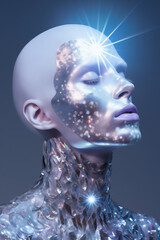 New era of male beauty featuring holographic and iridescent makeup in silver tones. Bright and shimmering skin, eyes, and lips. A mesmerizing blend of celestial and masculine allure.