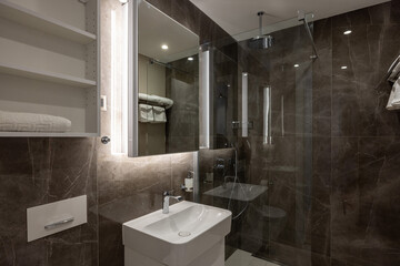 Bathroom interior with brown marble wall and glass shower cabin