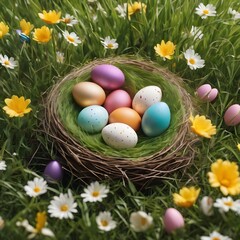 Fototapeta na wymiar Nest with easter eggs in grass on a sunny spring day - Easter decoration