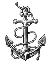 Ship sea Anchor with rope. Hand drawn sketch vintage vector illustration