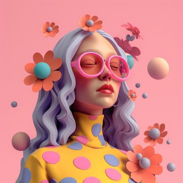 bright girl with glasses and flowers 3D illustration.