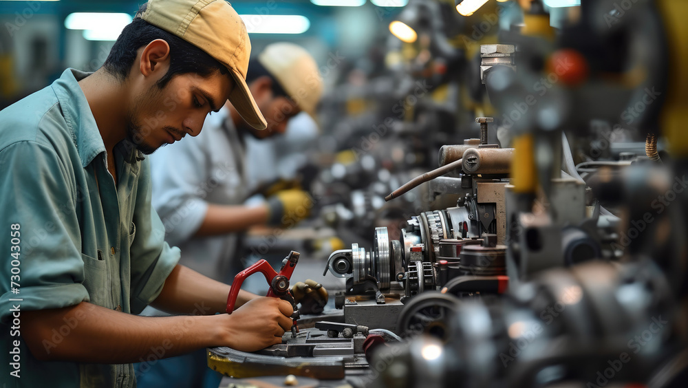 Poster a workers repairing machinery with tools and parts in workshop plant. generative ai.