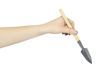 houseplant care shovel in hand, outstretched hand with houseplant care shovel isolated from...