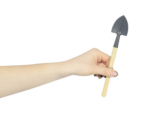 houseplant care shovel in hand, outstretched hand with houseplant care shovel isolated from...