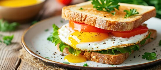 Prepared breakfast sandwich with butter, egg, and tomato on plate. - obrazy, fototapety, plakaty
