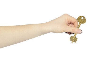 A woman's hand holds a key in her hand, isolated from the background. The concept of security, house trade.
