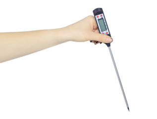 kitchen thermometer in hand, outstretched hand with kitchen thermometer, isolated from background