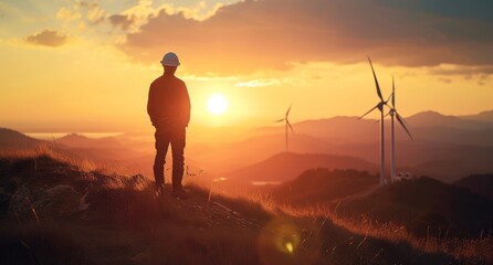 Engineer wearing an hardhat stands on top of a hill and looks at a beautiful sunset windmill landscape.