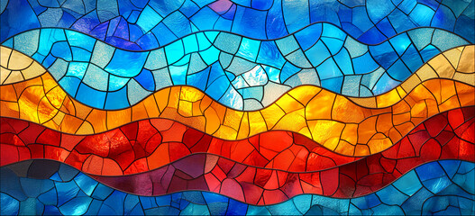 colorful stained glass design with wavy lines in blue at the top, golden in the middle, and red at the bottom, resembling warm and cool flames