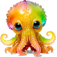 Rainbow yellow orange colorful baby octopus-creature with huge curious green blue eyes , happy...
