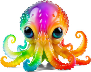 Rainbow purple colorful baby octopus-creature with huge deep blue eyes , happy imaginary friend,...