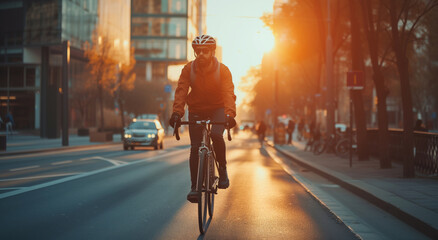 Man, bicycle and environmentally friendly transport for commute, transportation and travel. Sunrise, morning light and dawn background of male or worker on bike on his way to the office or home - obrazy, fototapety, plakaty