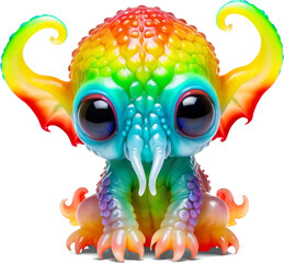 Rainbow purple colorful baby alien-dragon-octopus-creature with huge curious red eyes , happy...