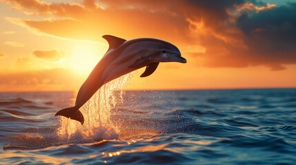 Dolphins leap across the surface of the water in the evening, lit up beautifully by the sunlight.