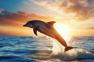 Dolphins leap across the surface of the water in the evening, lit up beautifully by the sunlight.