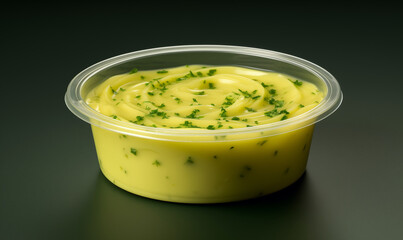melted garlic chive butter in a plastic to-go container - obrazy, fototapety, plakaty