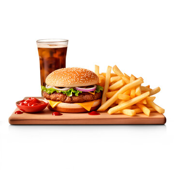 Fast food, board with burger, fries, soda and sauces in PNG