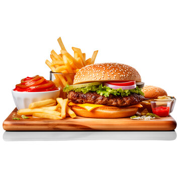 Fast food, board with burger, fries, soda and sauces in PNG