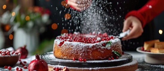 Partial view of woman dusting homemade pomegranate Christmas cake with powdered sugar.