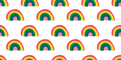 Rainbow cute hand drawn Children seamless pattern on white background. Doodle kid endless design with simple shapes in minimalist style for fabric and clothing
