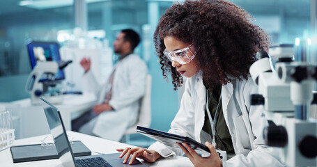 Laptop, woman or scientist in laboratory with tablet or research for chemistry report or medical test. Doctor, person typing or science update for online medicine development or virus news on website - obrazy, fototapety, plakaty