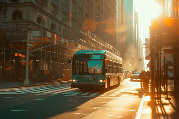 Obraz premium Bus, transportation and public transport shuttle for commuting service, passengers and travel. Sunrise, morning light beam and city view for background, copyspace and busy urban highway traffic