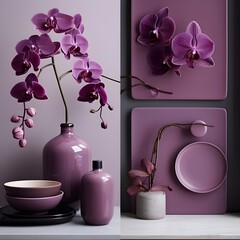 a kitchen with a mysterious and elegant orchid-inspired color palette. Picture cabinets in deep shades of plum and orchid
