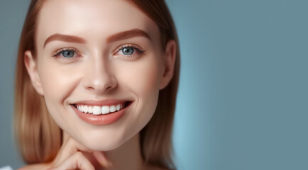 Naklejka premium Beauty portrait of a smiling woman with a smile on her white teeth. Banner for dentistry. Copy space