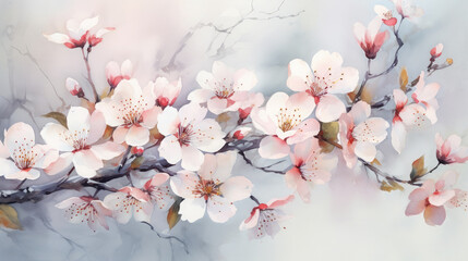 Watercolor delicate white and pink flowers spring summer, cherry apple tree blossom, poster, background, wallpaper, generative AI