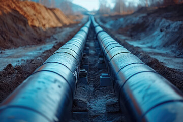 Industrial Pipeline Construction: Ground-level Engineering Work in Progress, Metal Tubes and Water Supply Infrastructure in Trench - obrazy, fototapety, plakaty