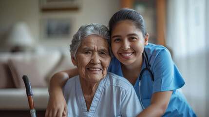 young female nurse in blue scrubs smiling next to a happy elderly woman in a white shirt, likely depicting a caring moment in a healthcare or home setting. - obrazy, fototapety, plakaty